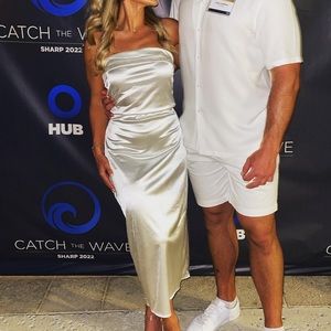 White satin strapless dress